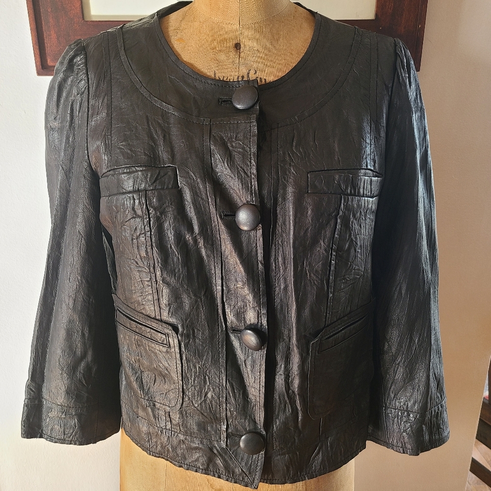 Soft Black Leather Jacket textured Small Black 3/4 Sleeves Women's - Picture 10 of 10